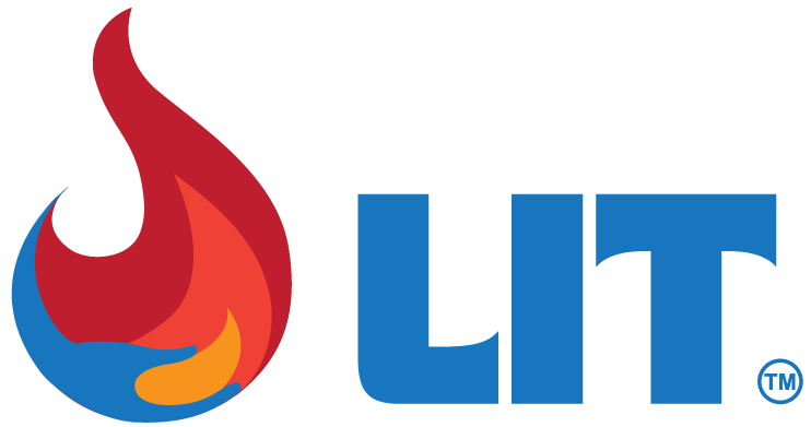 A stylized flame icon in red, orange, and blue appears next to the bold blue text "LIT™".