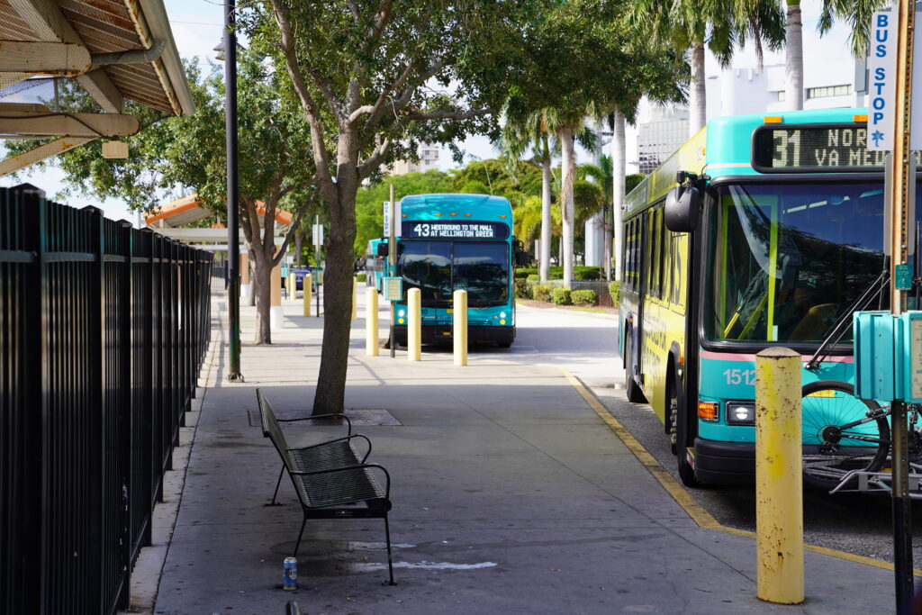 Three city buses are parked at a bus stop on a sunny day, with empty benches and a water bottle on the sidewalk in the foreground.
