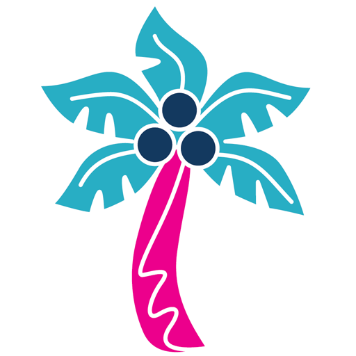 Stylized palm tree design with turquoise fronds and a pink trunk, adorned with dark blue coconuts, set against a transparent background. Vibrant and playful.