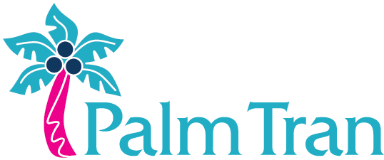 Logo of Palm Tran featuring a stylized blue and pink palm tree next to the words "Palm Tran" in teal. The design is colorful and modern.