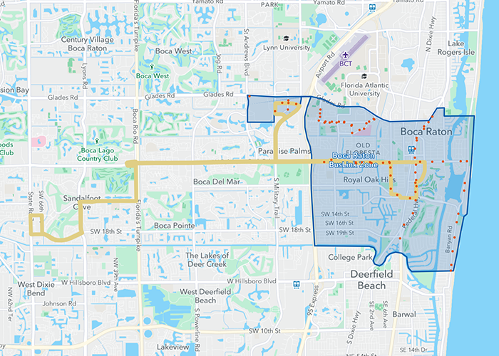 Map showing sections of Boca Raton and Deerfield Beach, highlighting areas in blue and orange. Key roads, neighborhoods, and landmarks are labeled.