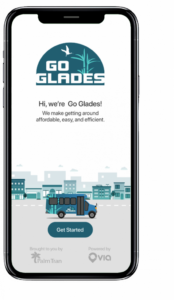 Mobile app screen displaying Go Glades service with a logo featuring a bird and sugarcane. Shows cityscape, a bus, and a 'Get Started' button.
