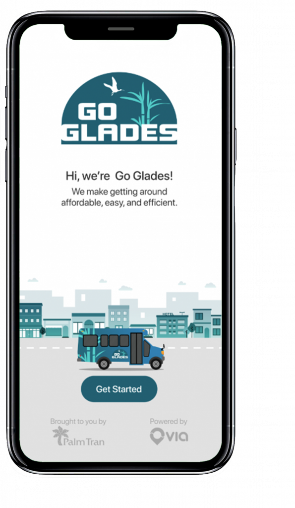 Mobile app screen displaying Go Glades service with a logo featuring a bird and sugarcane. Shows cityscape, a bus, and a 'Get Started' button.