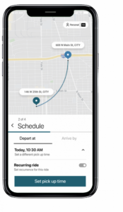 A smartphone screen displaying a ride-sharing app map. It shows a route from 146 W 25th St to 608 N Main St. Below, scheduling options for a ride are set for today at 10:30 AM, with an option to toggle recurring rides. The tone is functional and user-oriented.
