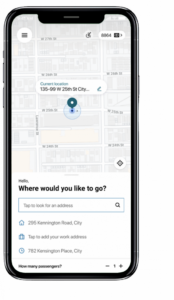 Smartphone displaying a navigation app. A map shows current location at 135-99 W 25th St City. Search bar asks, "Where would you like to go?"