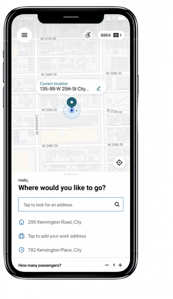 Smartphone displaying a navigation app. A map shows current location at 135-99 W 25th St City. Search bar asks, "Where would you like to go?"