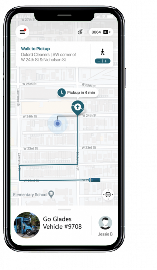 Map on a smartphone showing a route with estimated pickup time of 4 minutes at an intersection. A bus labeled "Go Glades" is assigned.