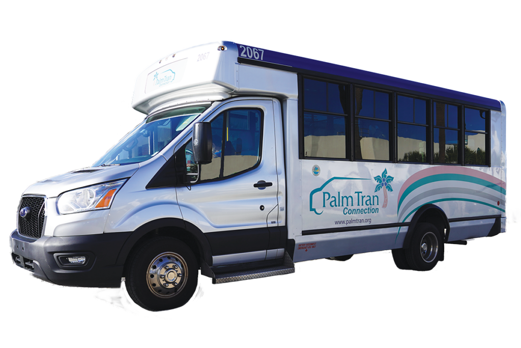 White Palm Tran Connection bus with logo, blue-green stripes, and number 2067. The bus is on a transparent background, facing left.