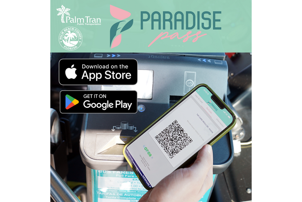 A smartphone shows a QR code for the "Paradise Pass" app near a fare machine. Logos for Apple App Store and Google Play are visible. The image promotes the PalmTran service in Florida.