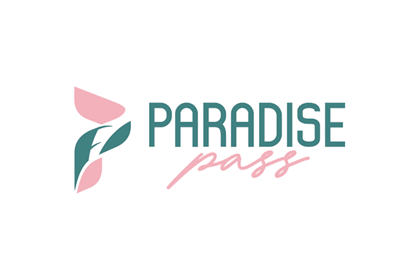 Stylized pink and green leaf logo next to the text "Paradise Pass" in bold teal and cursive pink font. Clean, modern design on white background.
