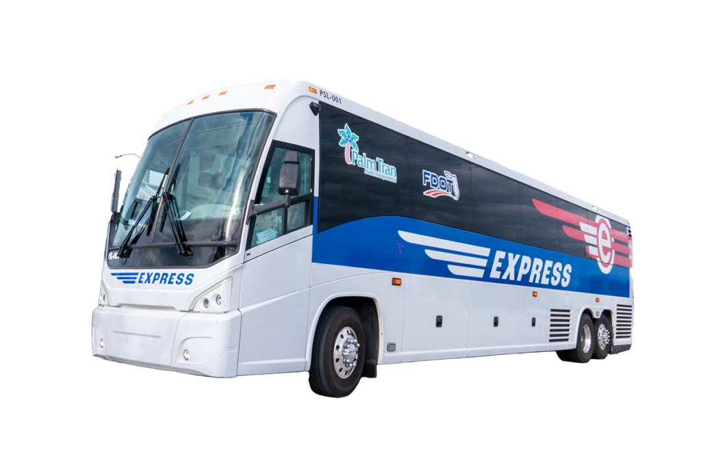 White and blue express bus with logos on the side, positioned against a transparent background. Bus has a sleek design and appears modern.
