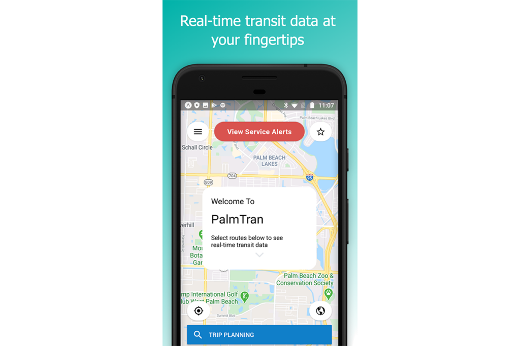 Mobile app displaying a map with transit routes for Palm Tran. A red button reads "View Service Alerts." Text says, "Real-time transit data at your fingertips."