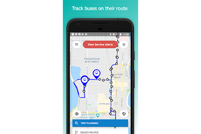 Smartphone displaying a bus route map with stops marked in blue, set against a teal background. Text reads: 'Track buses on their route.'
