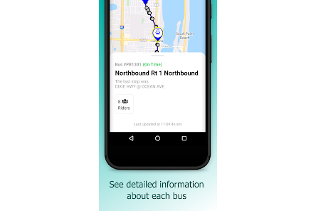 A smartphone screen displays a bus tracking app, showing a map with a route and bus icon, and details like route number and time. Text reads, "See detailed information about each bus."