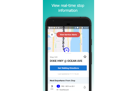 Mobile app screen showing real-time transit stop info for Dixie Hwy at Ocean Ave. Includes map view, walking directions, and next departure times.