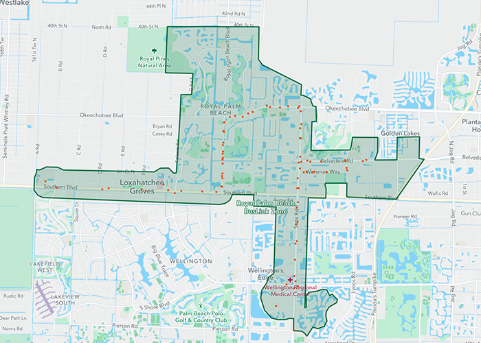 Map highlighting a region in Palm Beach County. The outlined area includes Royal Palm Beach and Wellington, with roads and parks visible.