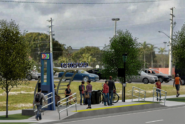 People stand and sit at a bus stop labeled "Gregory Road," with trees, bikes, and cars in the background on a cloudy day.