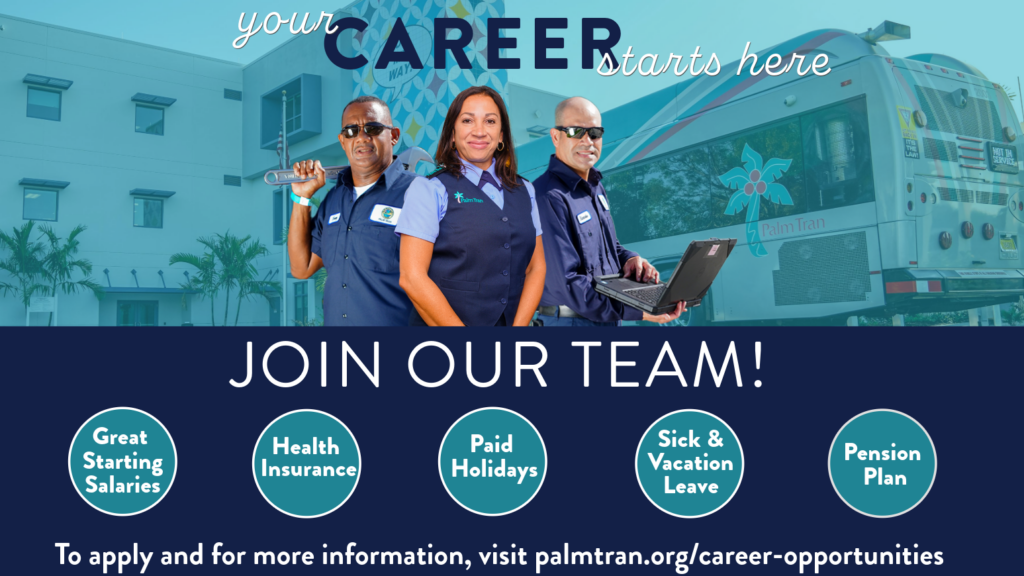 Three Palm Tran employees pose in uniform in front of a Palm Tran bus and building, promoting job benefits and encouraging people to join their team.