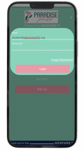 Paradise Pass App Screen on Smartphone, at login screen with username and password fields highlighted.