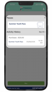 Smartphone screen showing Paradise Pass app with summer youth passes in wallet.
