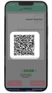 Smartphone screen showing Paradise Pass app with QR Code for summer youth pass.