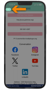 Picture of Smartphone displaying screen of Paradise Pass app, at main menu, highlighting the button to press to access the full menu.