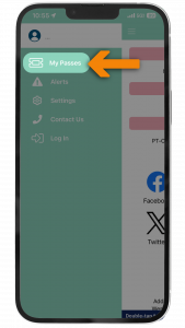 Picture of Smartphone displaying screen of Paradise Pass app, at full menu, highlighting the My Passes button.