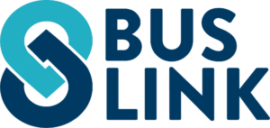 Logo with a stylized “S” formed by two interlocking shapes in teal and navy blue next to the text “BUS LINK” in bold, uppercase navy blue letters.