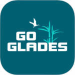 A white bird flies above stylized green reeds next to the bold text "GO GLADES" on a teal background.