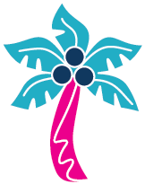 Stylized illustration of a palm tree with a pink trunk, blue leaves, and three dark blue coconuts.