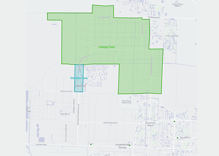 Map showing a highlighted area labeled "Acreage Area" in green and another section labeled "Westlake" in blue, with surrounding roads and landmarks visible.