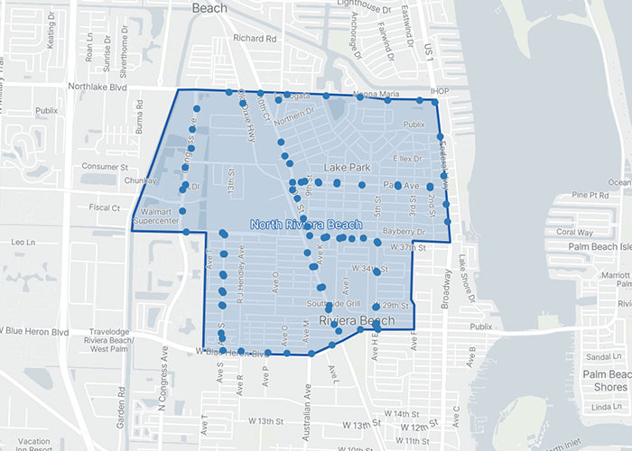 Map showing the outlined boundary of North Riviera Beach, highlighting its streets and surrounding areas in Riviera Beach, Florida.