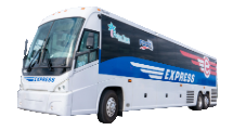 White and blue express bus with logos on the side, positioned against a transparent background. Bus has a sleek design and appears modern.
