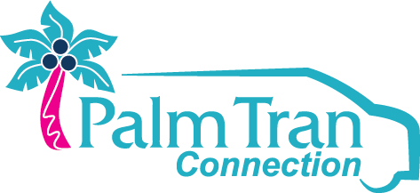 Logo with a stylized palm tree on the left and the words "Palm Tran Connection" in turquoise and light blue text, with a line resembling a vehicle outline above the text.