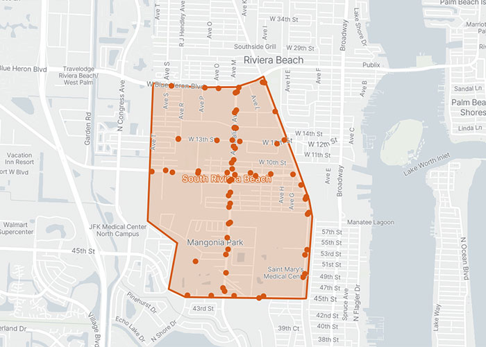 A map highlights the South Riviera Beach area in orange, including Mangonia Park, with major streets and landmarks labeled.