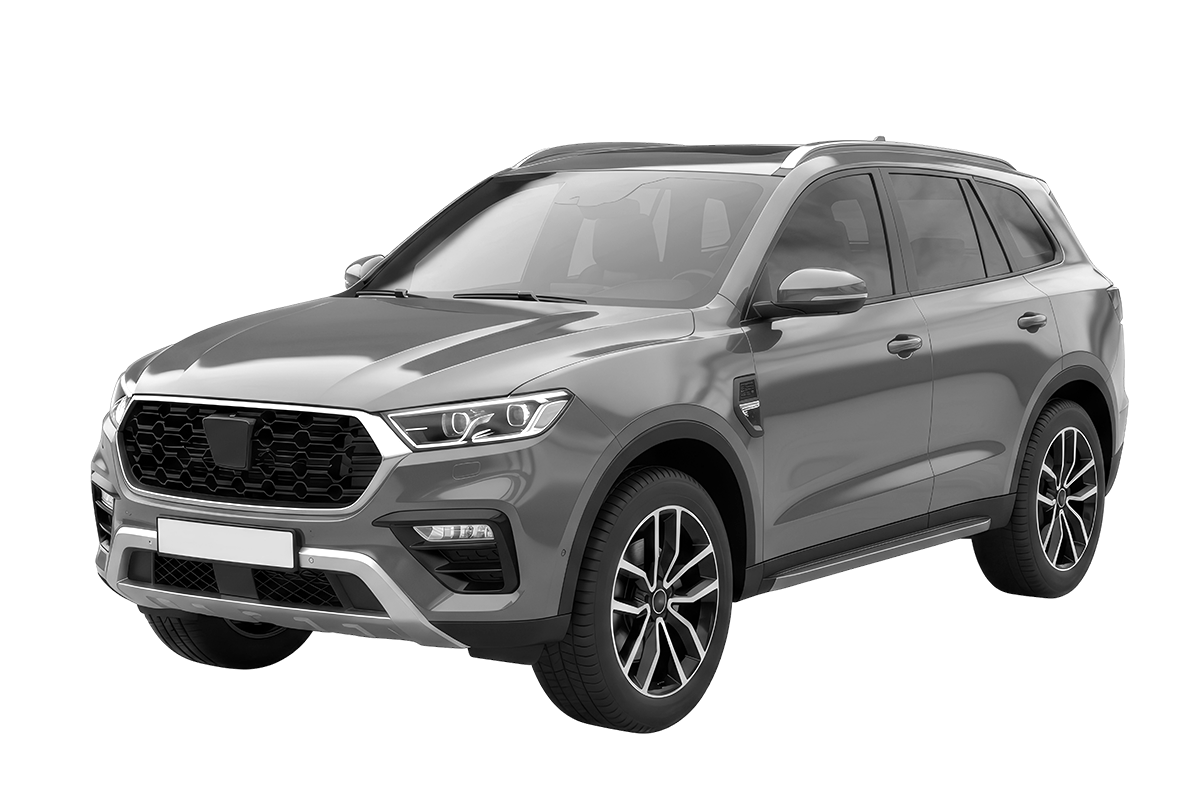 Gray SUV shown at a three-quarter angle on a white background, featuring modern headlights, large wheels, and a black grille.