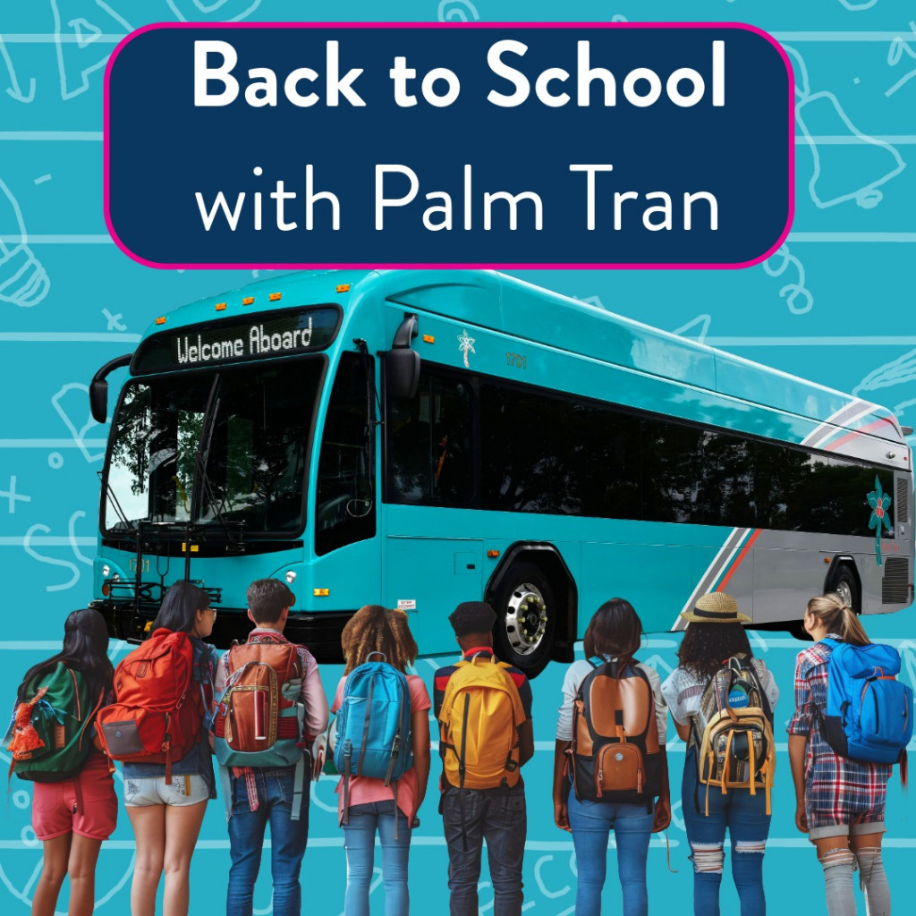 Children with backpacks standing in front of a Palm Tran bus, with the words "Back to School with Palm Tran" on top.
