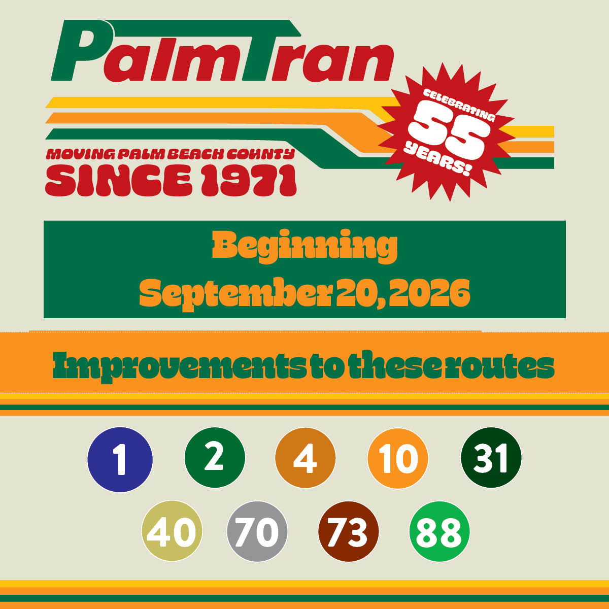 PalmTran 55th anniversary graphic announcing route improvements starting September 20, 2026, with highlighted bus routes: 1, 2, 4, 10, 31, 40, 70, 73, and 88.